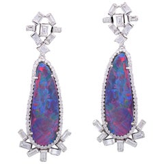 Set in 18 Karat Gold with Baguette Diamonds Australian Doublet Opal Earrings Set in 18 Karat Gold with Baguette Diamonds Australian Doublet Opal Earrings