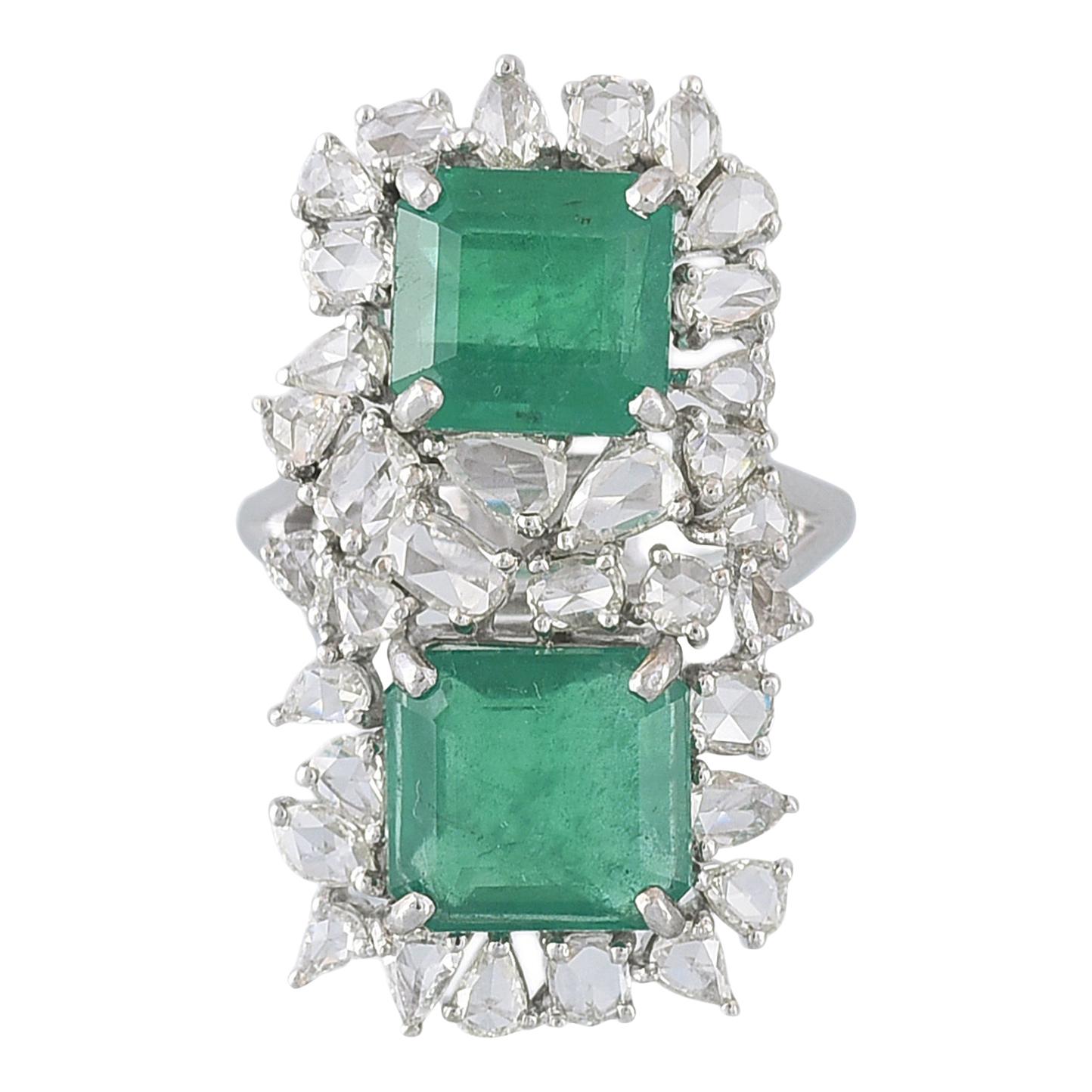 18 Karat Gold Zambian Emerald and Rose Cut Diamonds Cocktail Ring