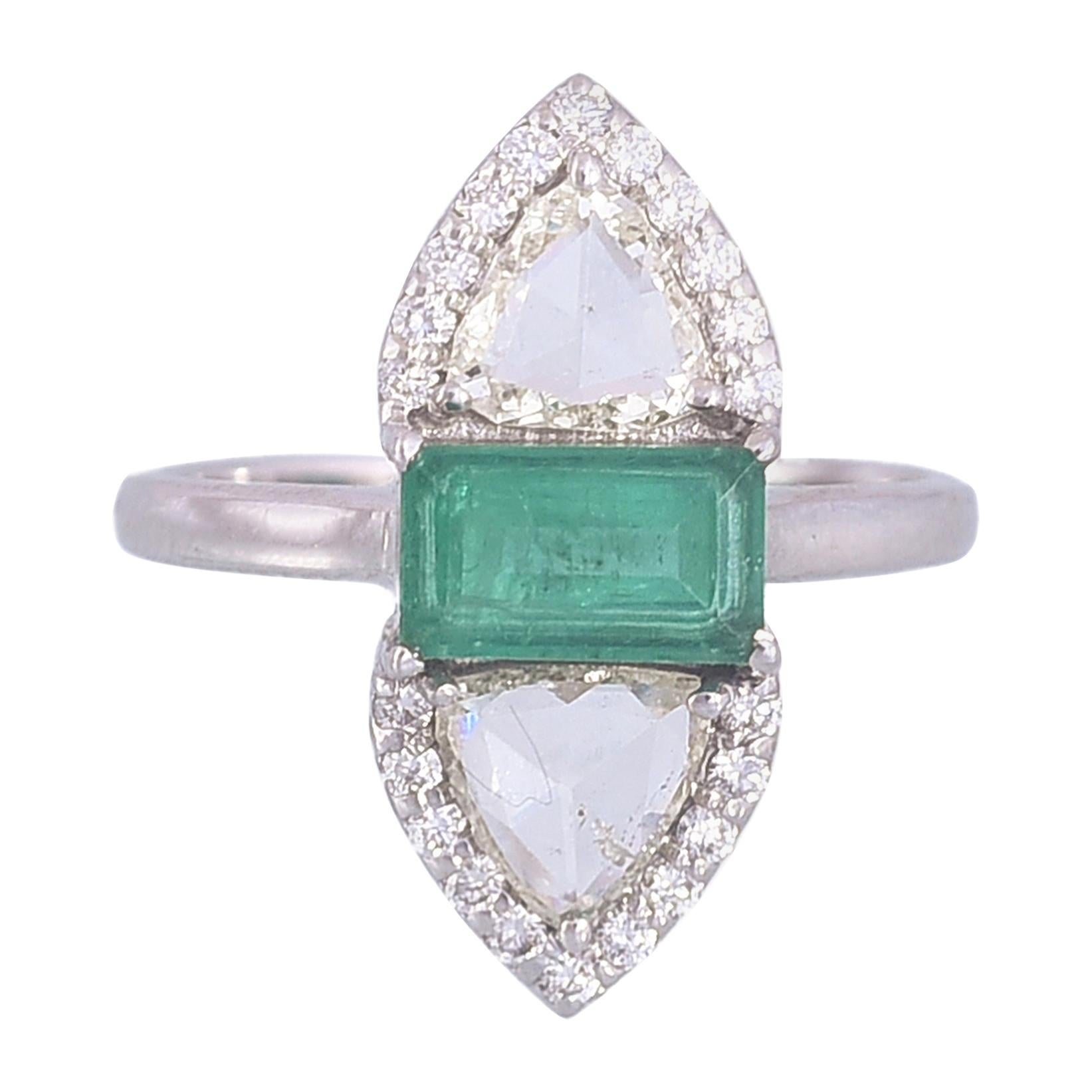 Set in 18 Karat Gold, Zambian Emerald & Rose Cut Diamonds Artistic Cocktail Ring