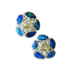 Set in 18 Karat White Gold, Australian Doublet Opal and Rose Cut Diamond Studs