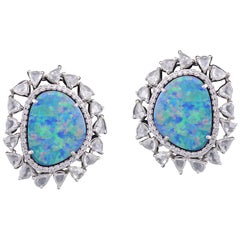 Set in 18 Karat White Gold, Australian Doublet Opal Studs with Rose Cut Diamonds