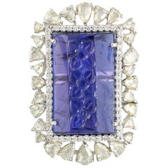 Set in 18 Karat White Gold, Carved Tazanite and Rose Cut Diamonds Cocktail Ring