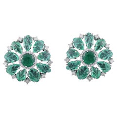 Set in 18 Karat White Gold, Cut and Carved Emerald Stud Earrings with Diamonds
