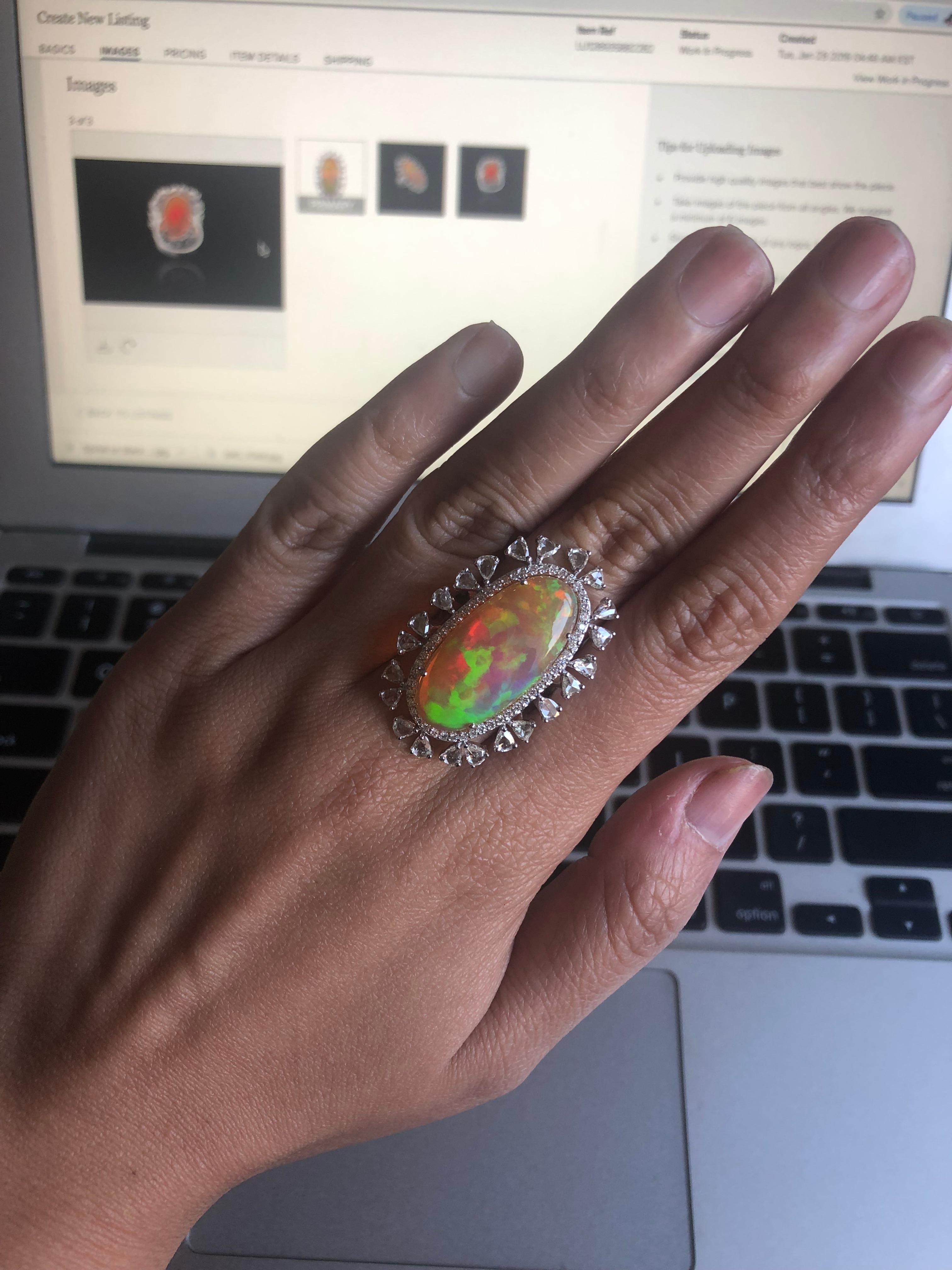 Set in 18 Karat White Gold, Ethiopian Opal and Rose Cut Diamonds Cocktail Ring In New Condition In Hong Kong, HK