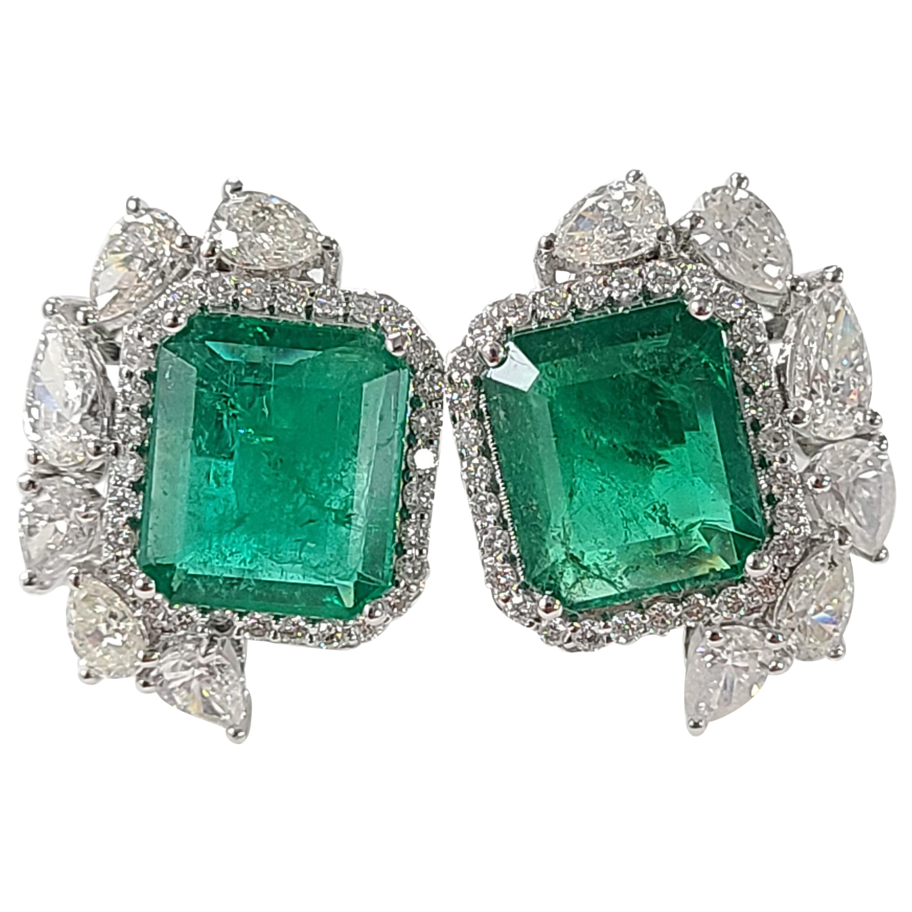 18 Karat White Gold Natural Zambian Emeralds Studs with Diamonds