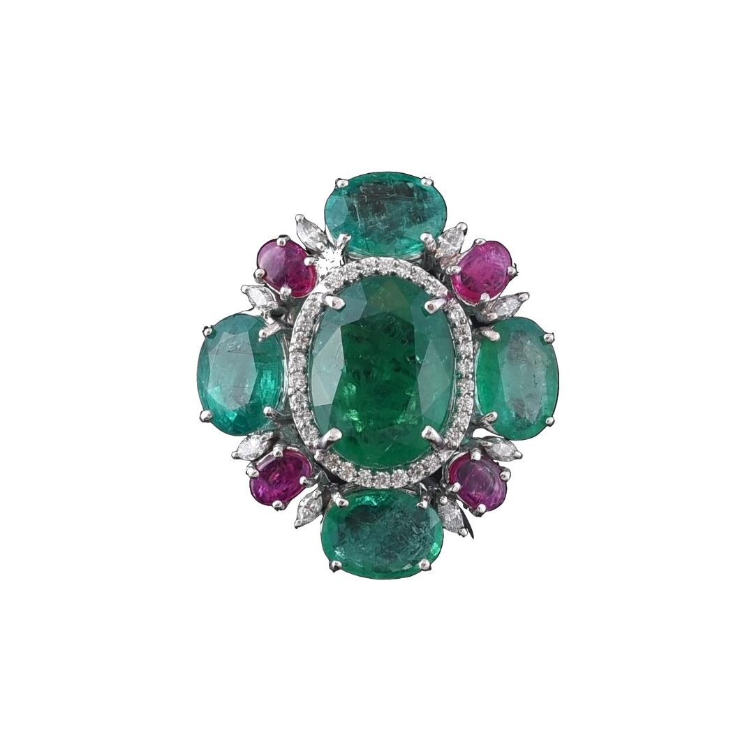 Set in 18 Karat White Gold Oval Emerald, Ruby and Marquise Diamond Cocktail Ring