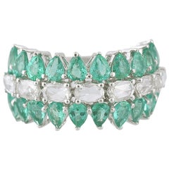 rose cut in half 18 Karat Gold White Gold Zambian Emerald and Rose Cut Diamonds Half, Band Ring