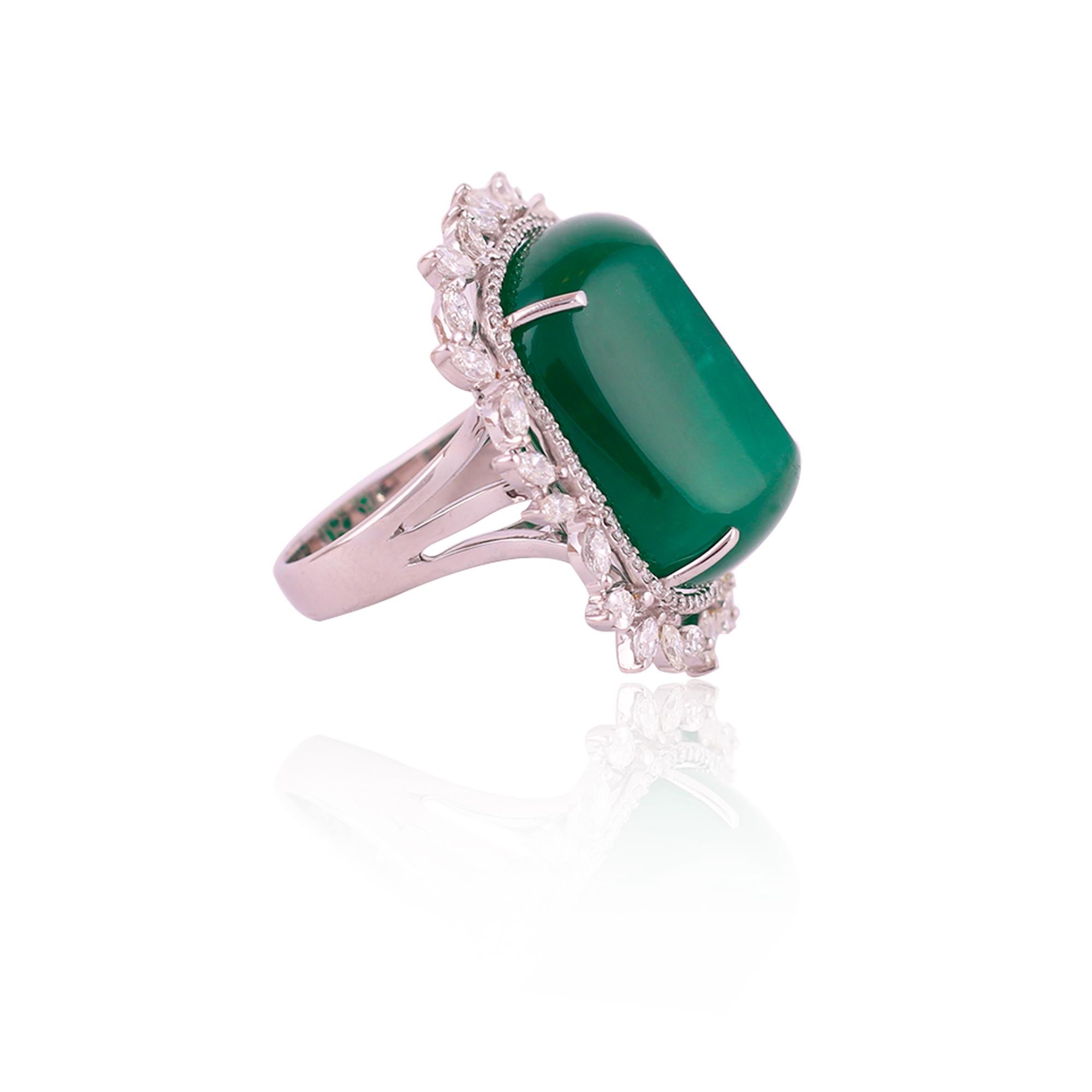 Modern Set in 18K, 48.04cts Zambian Emerald Cabochon & Marquise Diamonds Cocktail Ring