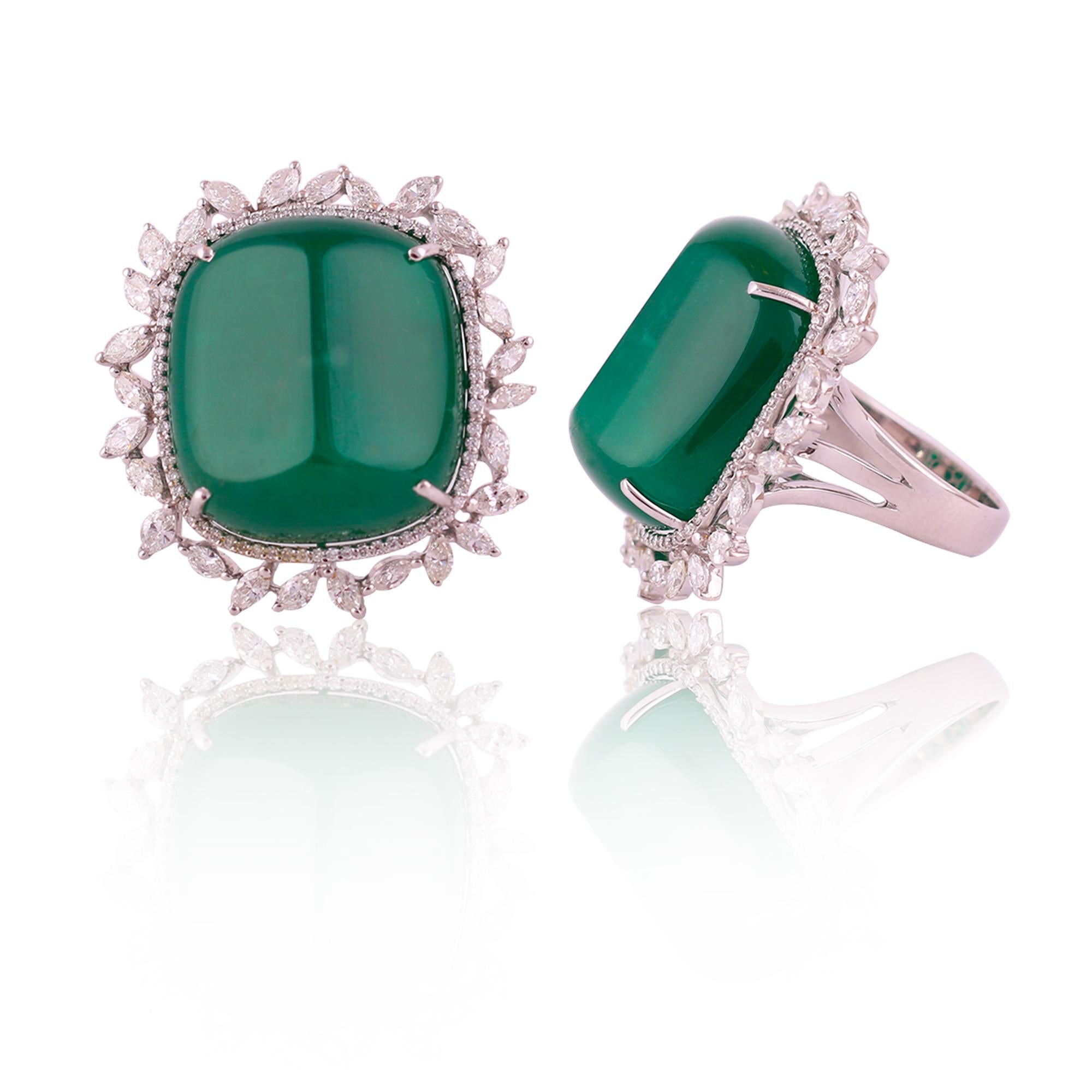 Marquise Cut Set in 18K, 48.04cts Zambian Emerald Cabochon & Marquise Diamonds Cocktail Ring