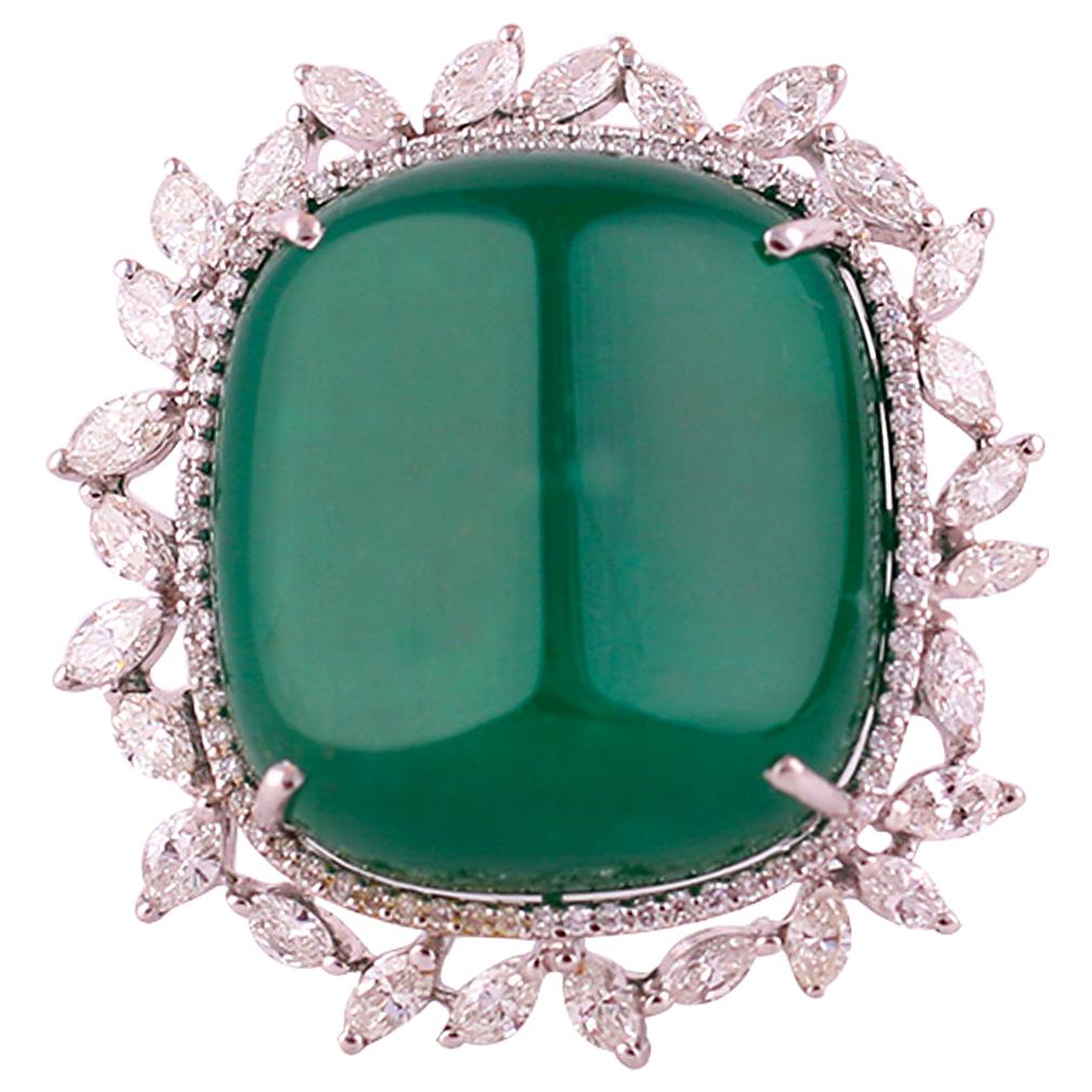 Set in 18K, 48.04cts Zambian Emerald Cabochon & Marquise Diamonds Cocktail Ring