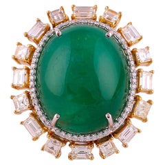 Set in 18K, 48.45 Carat Zambian Emerald Cabochon 
Yellow Diamond Cocktail Ring
