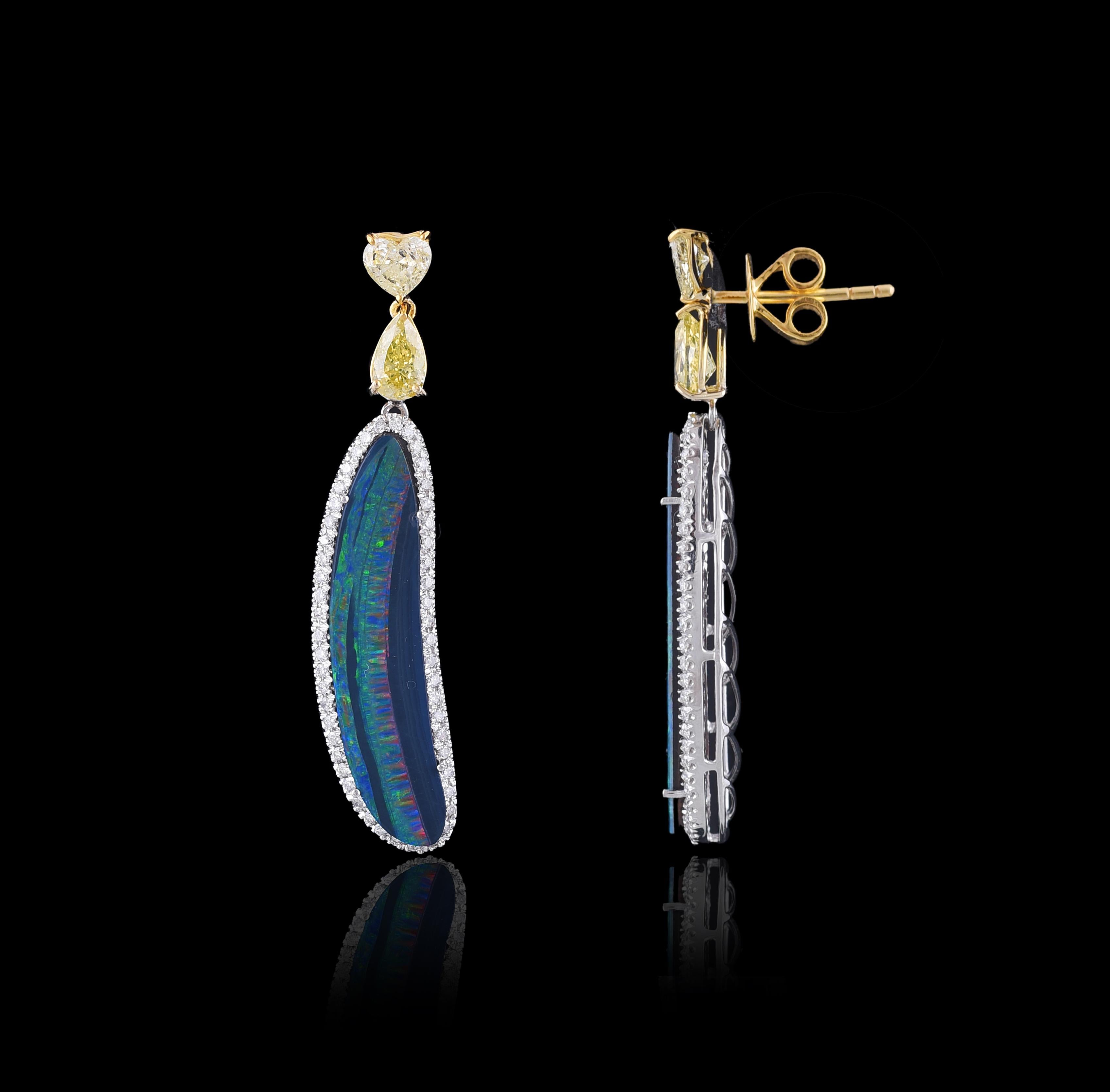Pear Cut Set in 18K Australian Doublet Opal and Fancy Yellow Diamonds Chandelier Earrings