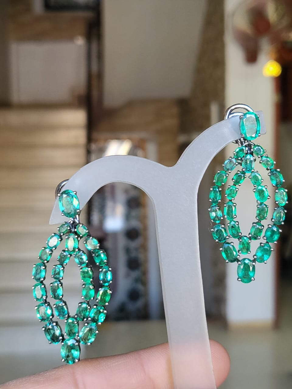 Art Deco Set in 18k Black Gold, 12.54 Carats, Natural Zambian Emerald Dangle Earrings For Sale