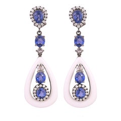 Set in 18K Black Gold, Ceylon Blue Sapphires, Onyx & Diamonds Dangle Earrings