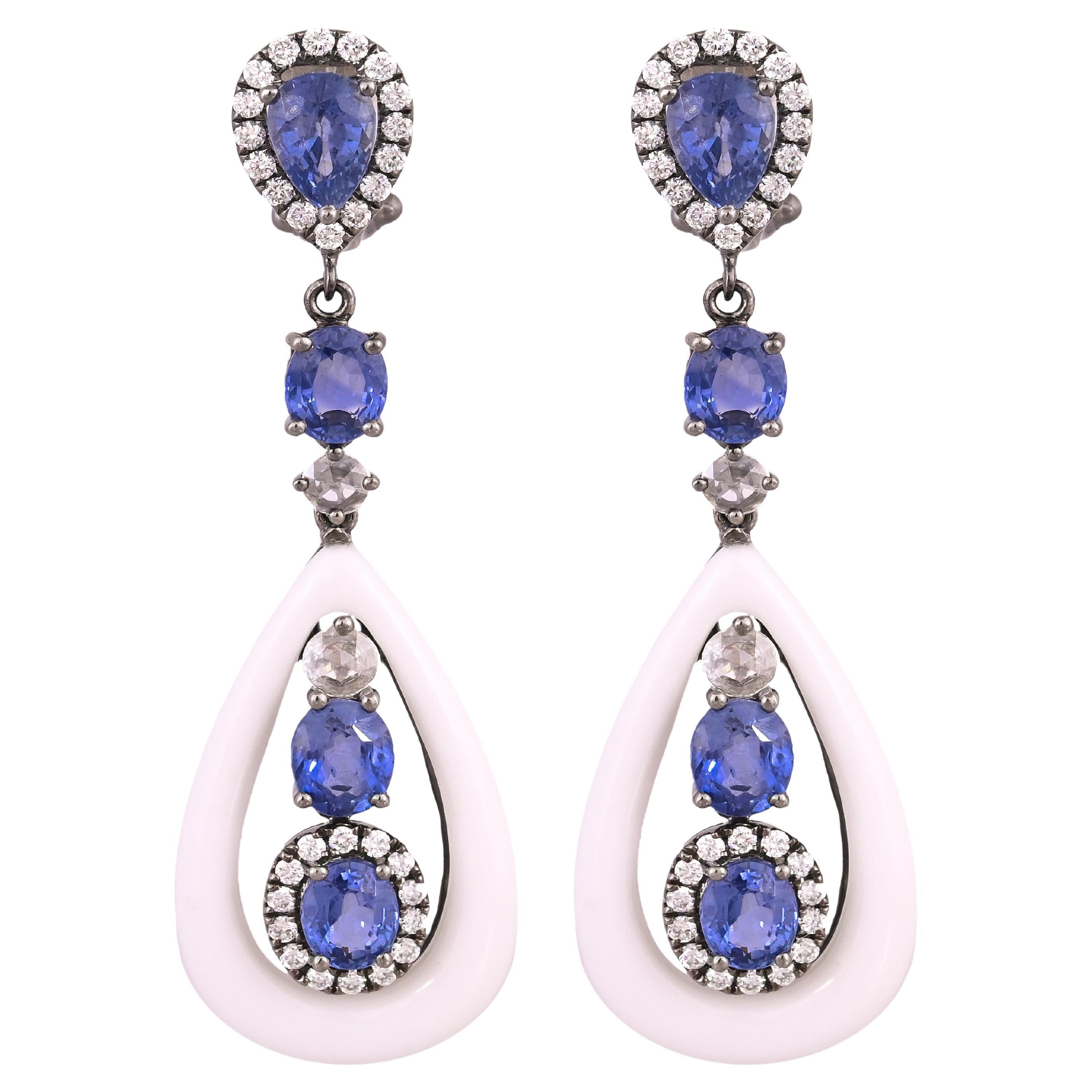 Set in 18K Black Gold, Ceylon Blue Sapphires, Onyx & Diamonds Dangle Earrings