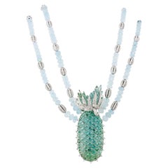 18k Carved Aquamarine String and Pineapple Carved Multi Strand Necklace