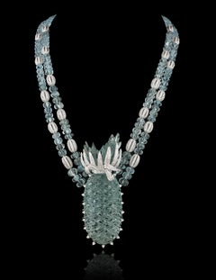 18k Carved Aquamarine String and Pineapple Carved Multi Strand Necklace