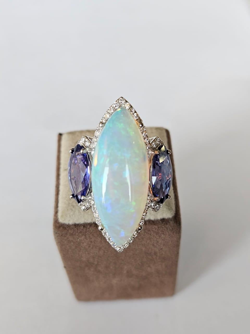 Set in 18K Gold, 10.07 carats Ethiopian Opal, Tanzanite & Diamonds Cocktail Ring In New Condition For Sale In Hong Kong, HK