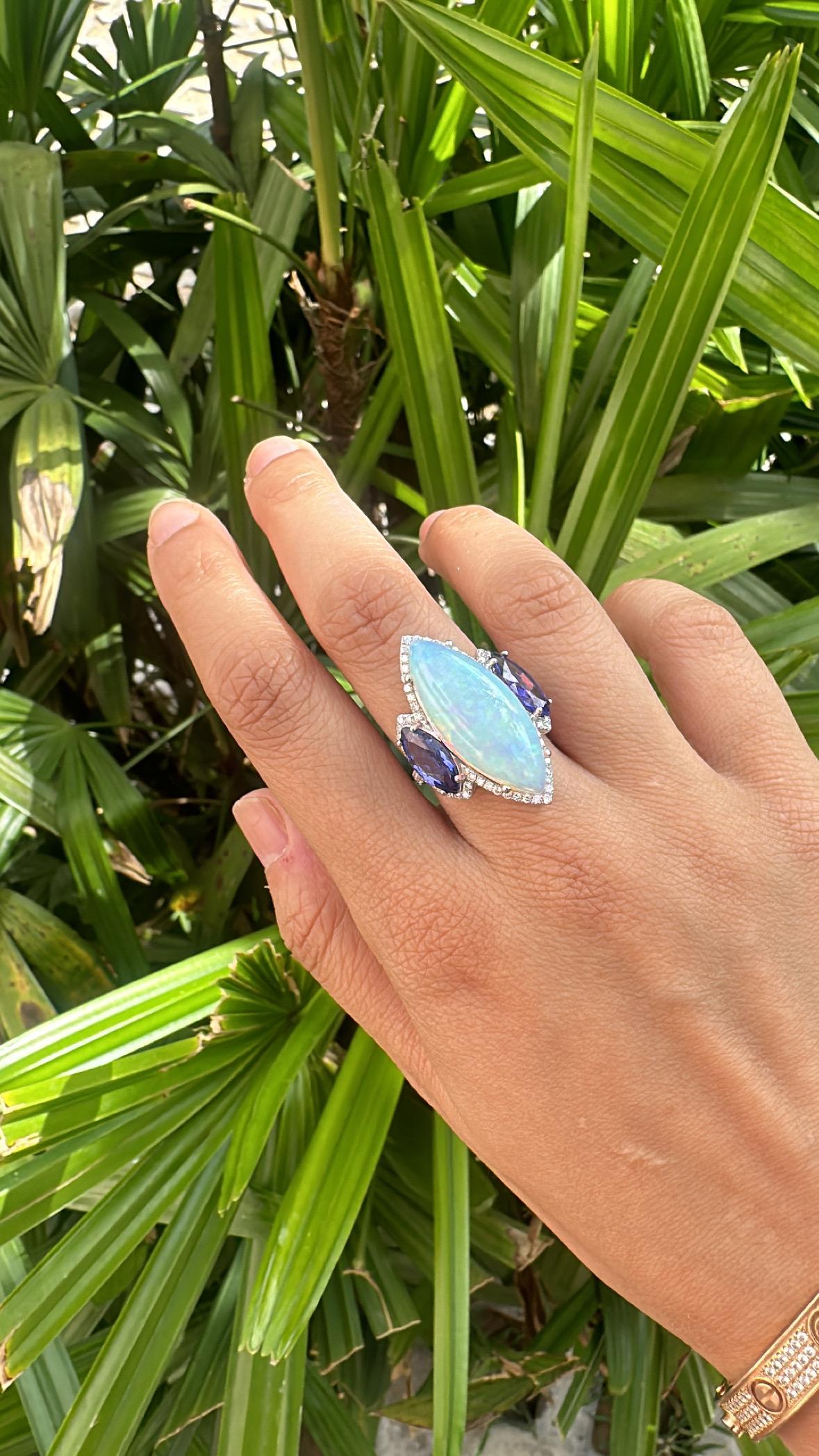 Set in 18K Gold, 10.07 carats Ethiopian Opal, Tanzanite & Diamonds Cocktail Ring For Sale 1