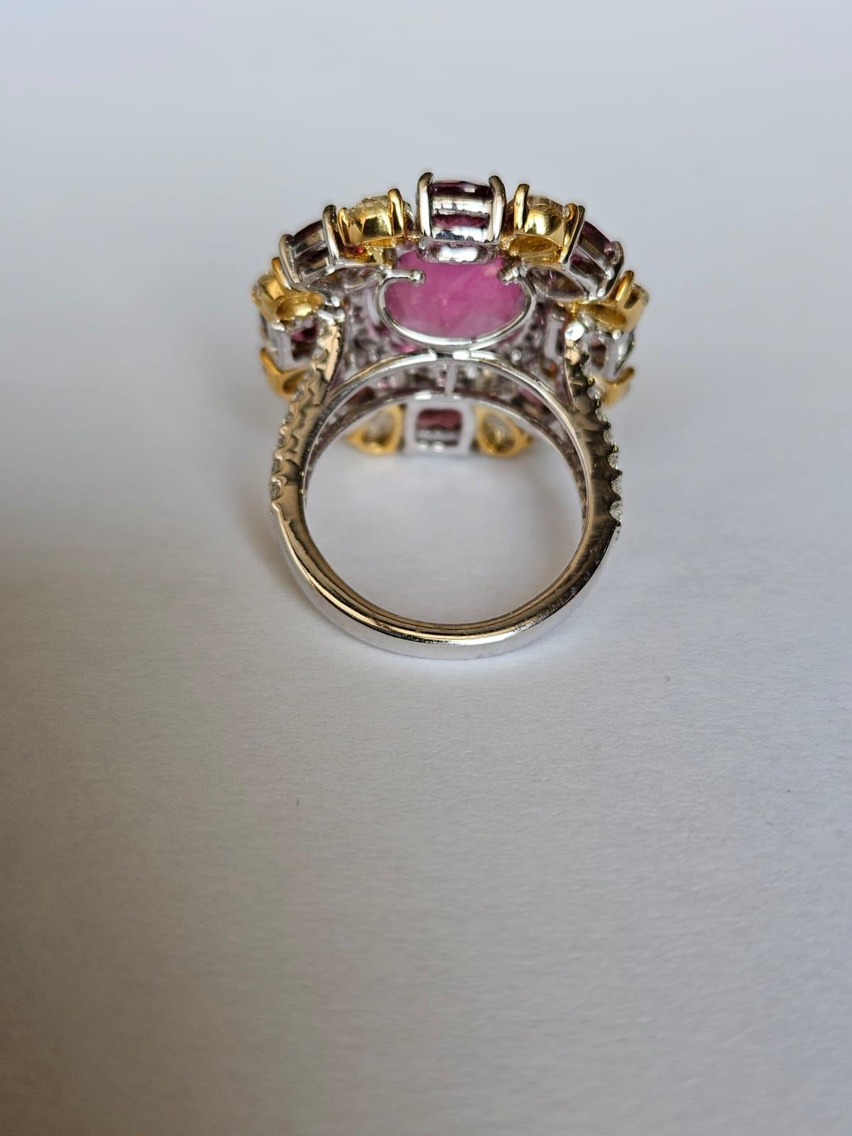 Modern Set in 18K Gold, 10.28 carats Rubellite & Yellow Rose Cut Diamonds Cocktail Ring For Sale