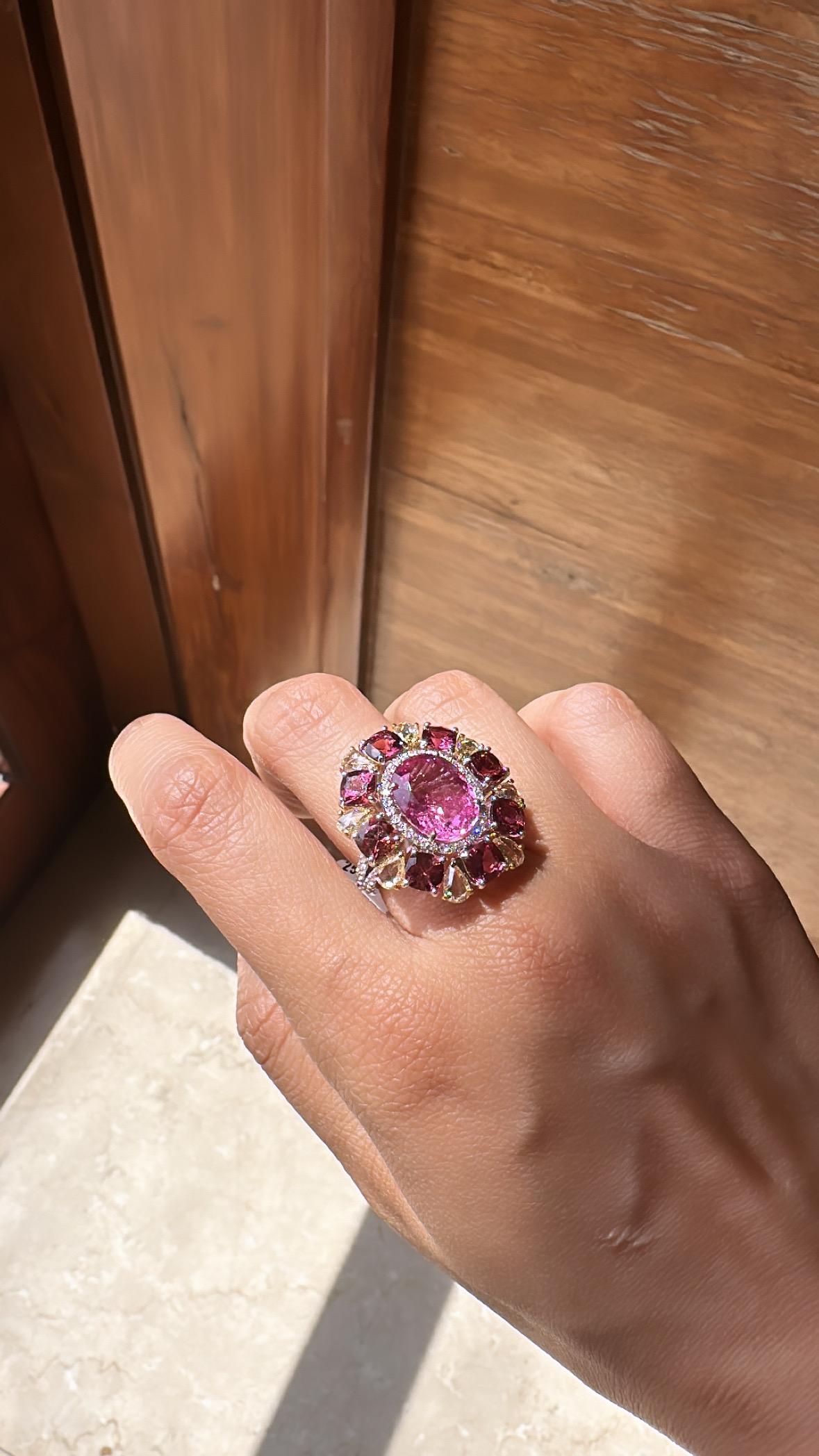 Set in 18K Gold, 10.28 carats Rubellite & Yellow Rose Cut Diamonds Cocktail Ring For Sale 1