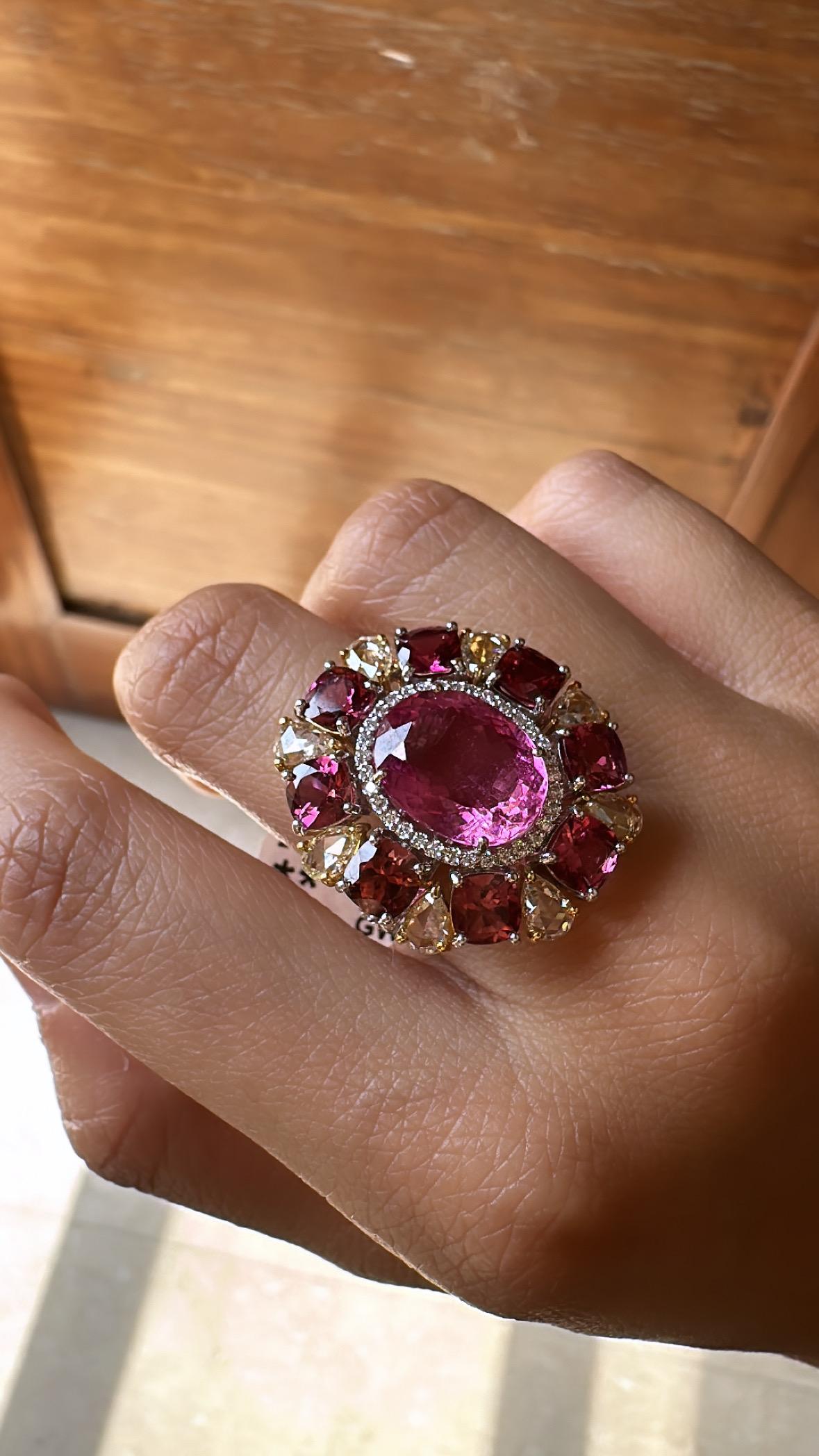 Set in 18K Gold, 10.28 carats Rubellite & Yellow Rose Cut Diamonds Cocktail Ring For Sale 4