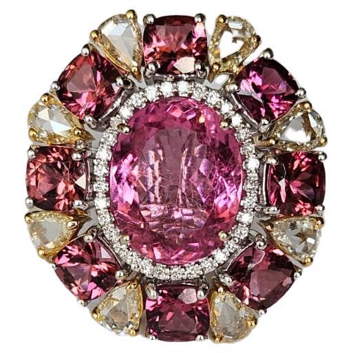 Set in 18K Gold, 10.28 carats Rubellite & Yellow Rose Cut Diamonds Cocktail Ring For Sale