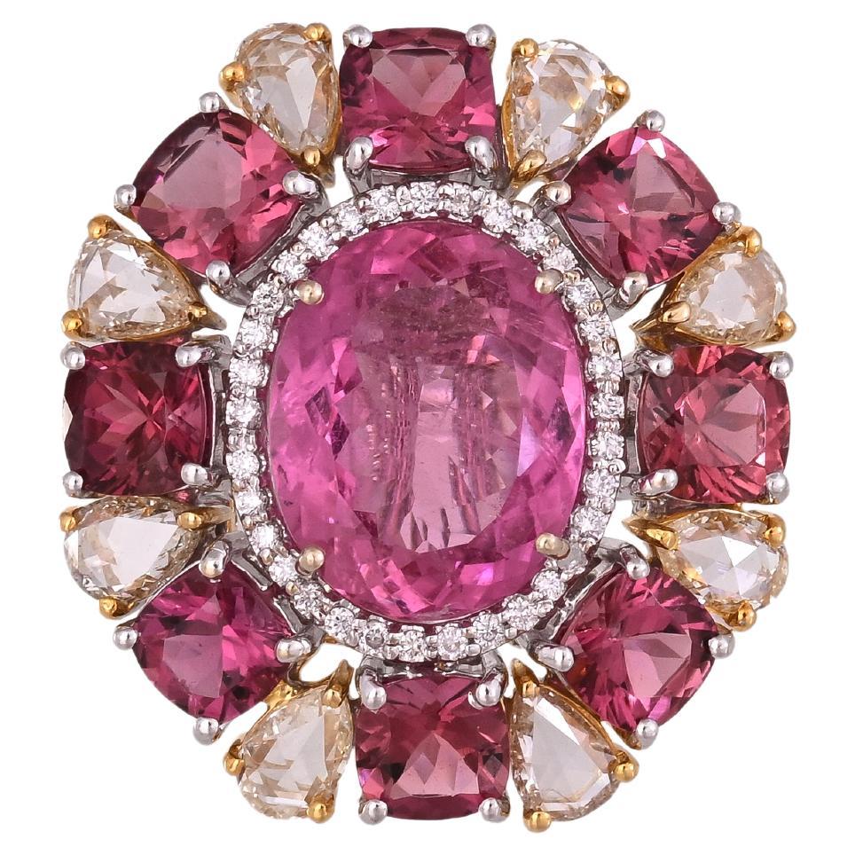 Set in 18K Gold, 10.28 carats Rubellite & Yellow Rose Cut Diamonds Cocktail Ring