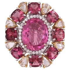 Bague cocktail en or 18 carats, rubellite et diamants jaunes taille rose de 10,28 carats
