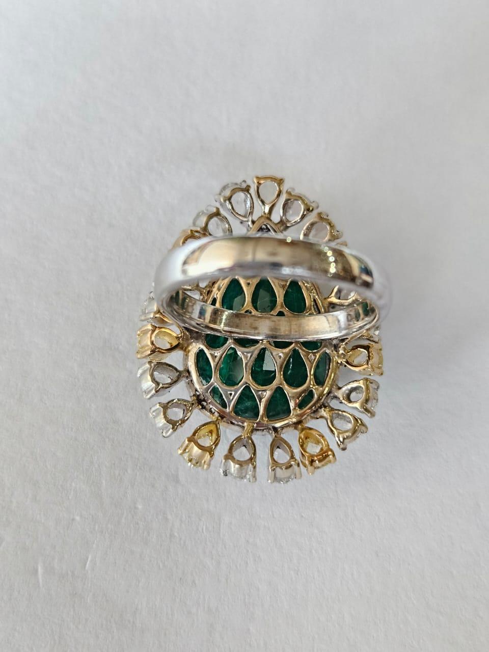 Modern Set in 18K Gold, 10.40 carats Zambian Emerald & Rose Cut Diamond Engagement Ring For Sale