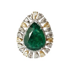 Set in 18K Gold, 10.40 carats Zambian Emerald & Rose Cut Diamond Engagement Ring