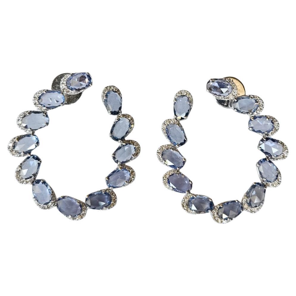 Set in 18K Gold, 10.44 carats, Ceylon Blue Sapphires & Diamonds Hoop Earrings