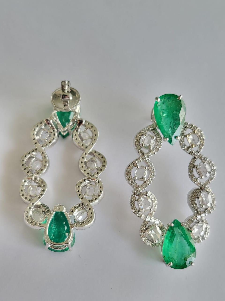 Modern Set in 18k Gold, 10.62 Carats Zambian Emerald & Rose Cut Diamonds Earrings For Sale