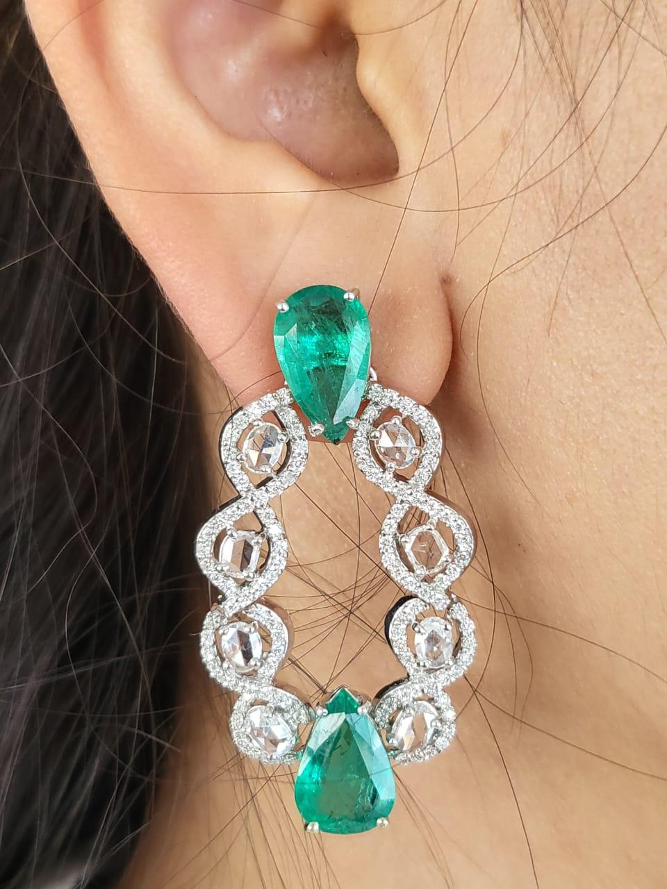 Set in 18k Gold, 10.62 Carats Zambian Emerald & Rose Cut Diamonds Earrings For Sale 2