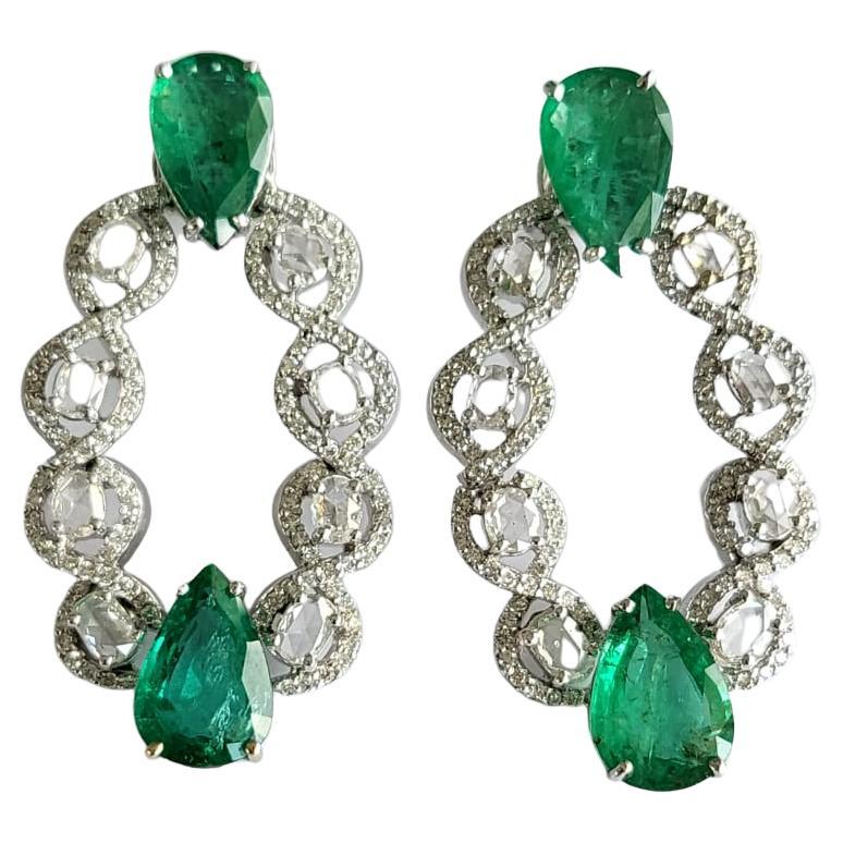 Set in 18k Gold, 10.62 Carats Zambian Emerald & Rose Cut Diamonds Earrings For Sale