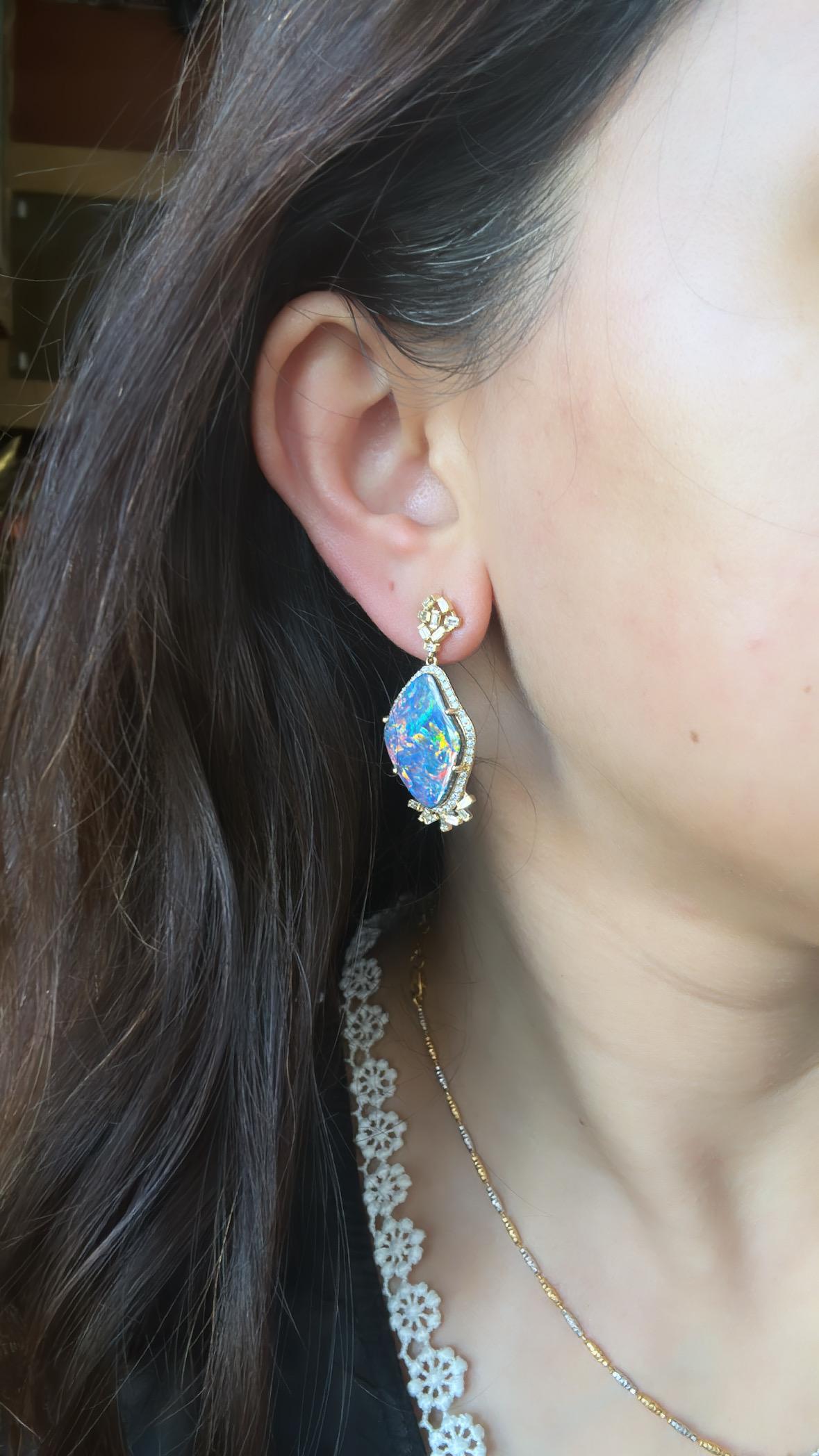 Set in 18K Gold, 10.64 carats Doublet Opal & Yellow Diamonds Chandelier Earrings For Sale 1