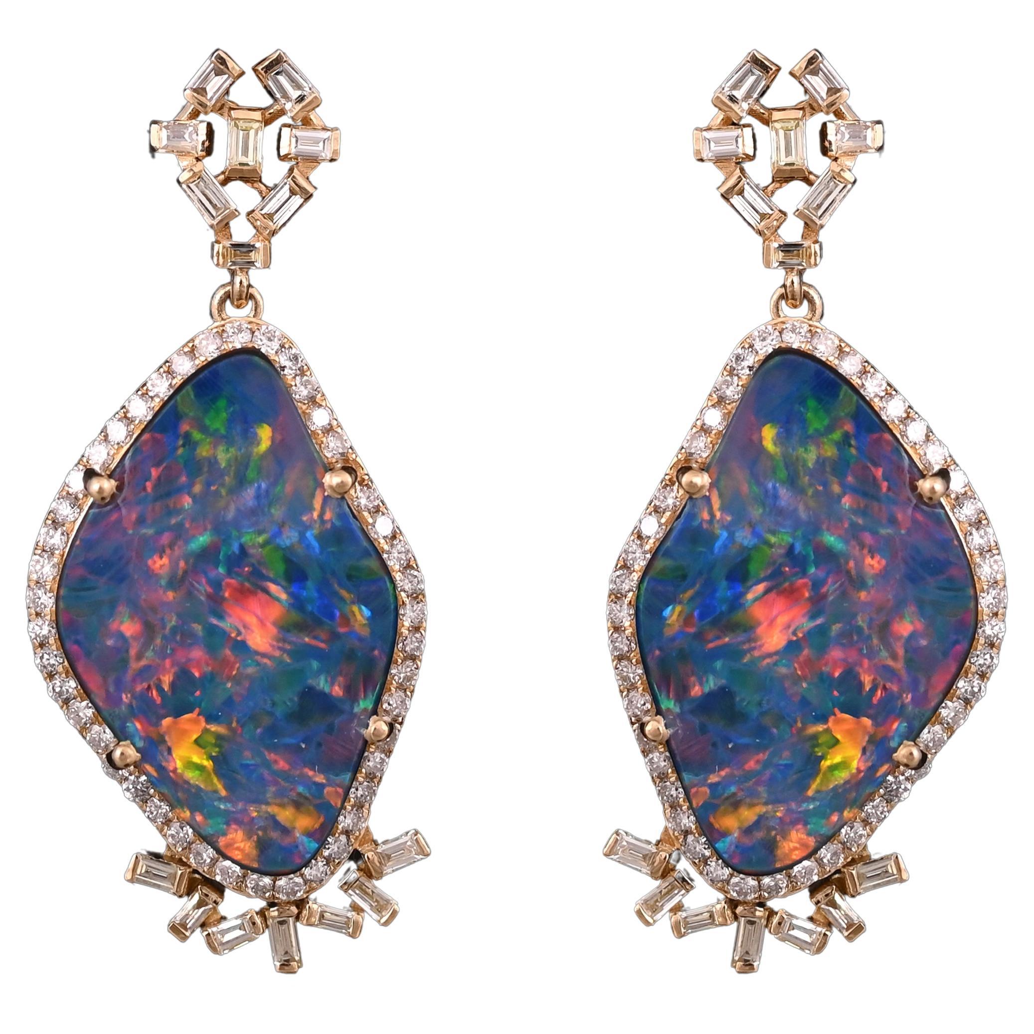Set in 18K Gold, 10.64 carats Doublet Opal & Yellow Diamonds Chandelier Earrings