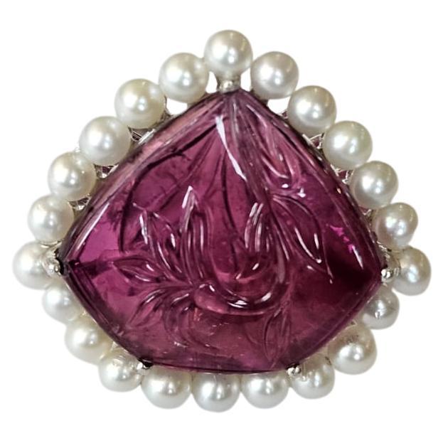 Set in 18K Gold, 10.67 carats Tourmaline, Freshwater Pearls & Diamonds Ring