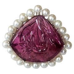 Set in 18K Gold, 10.67 carats Tourmaline, Freshwater Pearls & Diamonds Ring