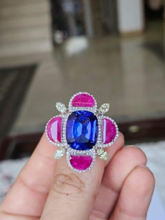 Set in 18K Gold, 10.84 carat Tanzanite, Mozambique Ruby & Diamonds Cocktail Ring