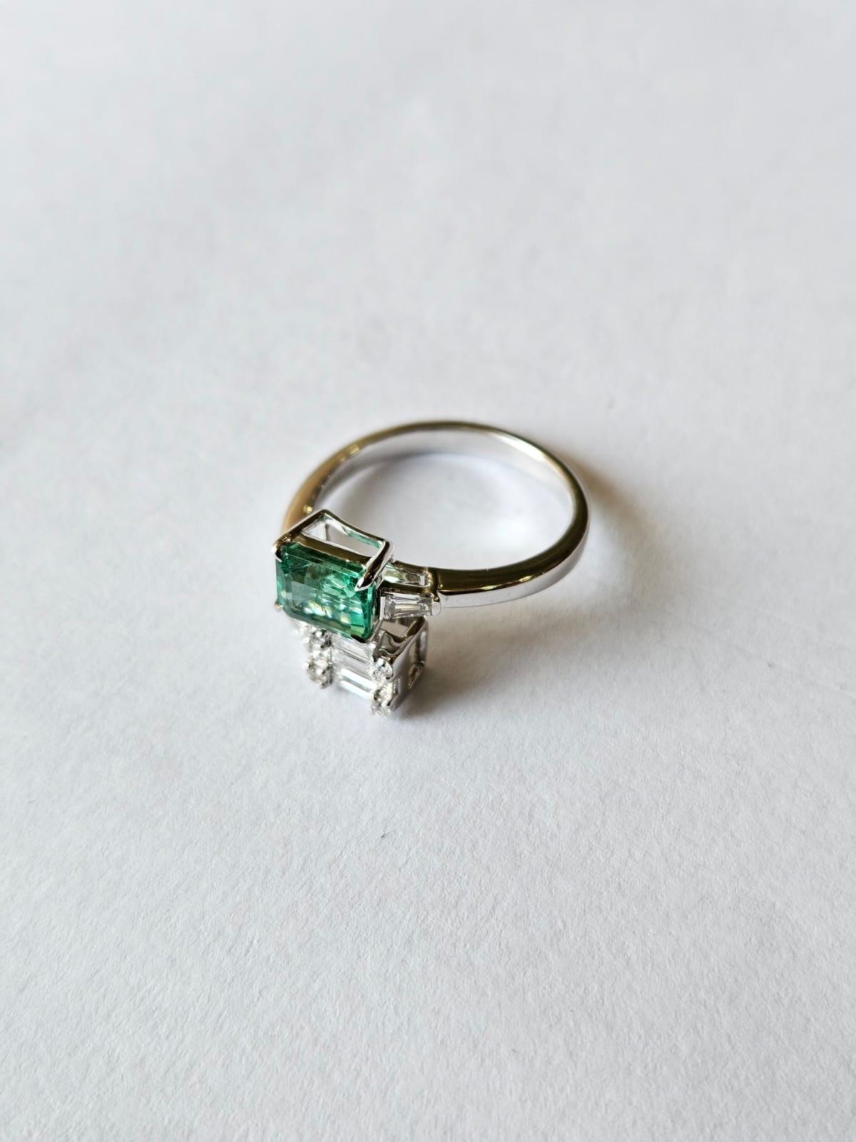 Emerald Cut Set in 18K Gold, 1.10 carats, natural Zambian Emerald & Diamonds Engagement Ring