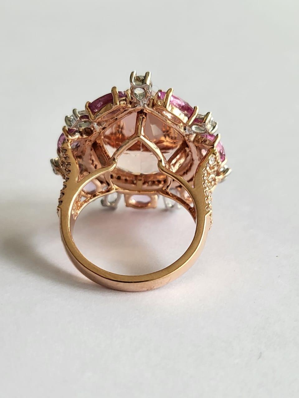 Modern Set in 18k Gold, 11.13 Carats Morganite, Pink Sapphires & Diamonds Cocktail Ring