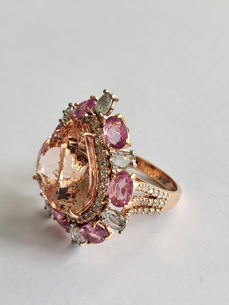 Rose Cut Set in 18k Gold, 11.13 Carats Morganite, Pink Sapphires & Diamonds Cocktail Ring