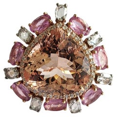 Set in 18k Gold, 11.13 Carats Morganite, Pink Sapphires & Diamonds Cocktail Ring