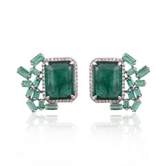 Set in 18k Gold, 11.20 Carats, Natural Zambian Emerald 
Diamonds Stud Earrings