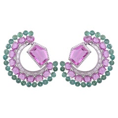 Set in 18K Gold, 11.33 carats Pink Sapphires, Emeralds & Diamonds Stud Earrings