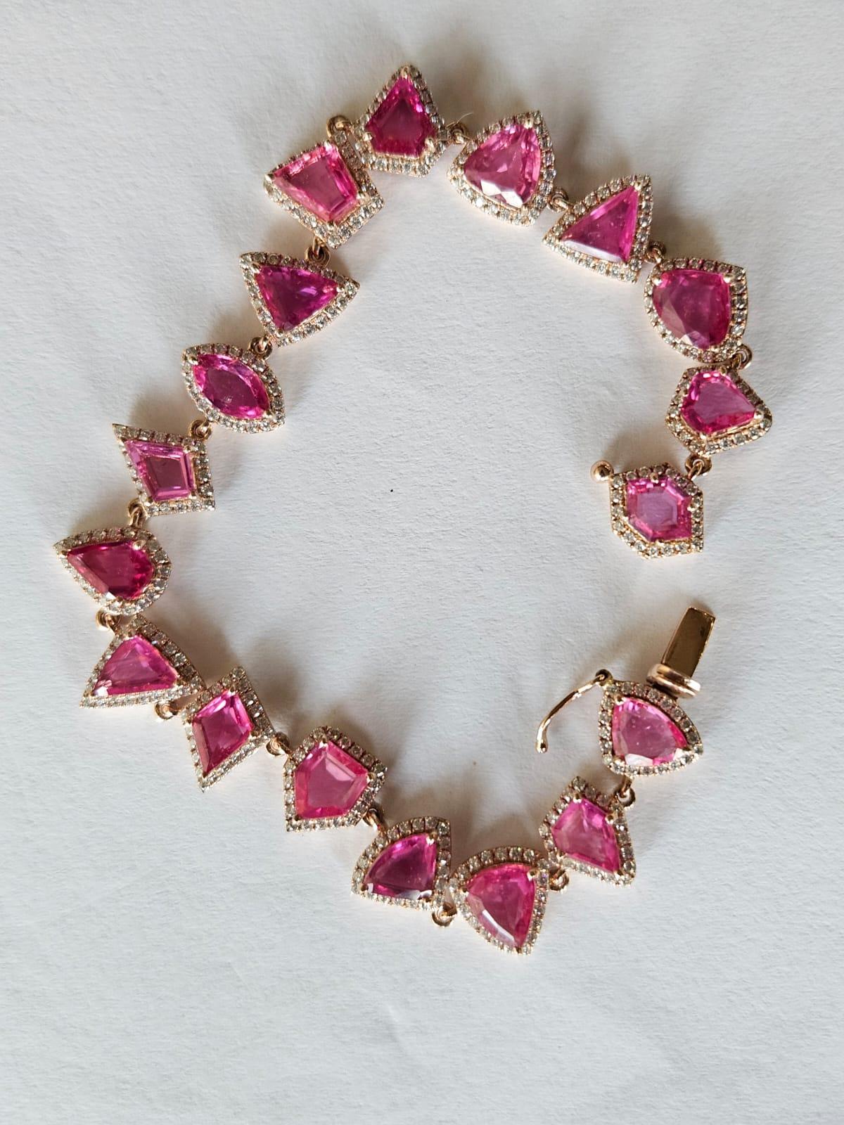 Modern Set in 18K Gold, 11.38 carats, natural un-heat Ruby & Diamond Tennis Bracelet For Sale