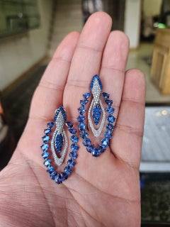 Set in 18K Gold, 11.42 carats, Ceylon Blue Sapphires & Diamonds Dangle Earrings