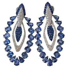 Set in 18K Gold, 11.42 carats, Ceylon Blue Sapphires & Diamonds Dangle Earrings