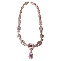 Set in 18K Gold, 117.17 carats Kunzite, Pink Sapphires & Diamonds Drop Necklace